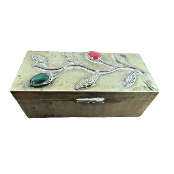 Chinese Brass Stamp Box Or Trinket Box W/ Cabochons & Vine Floral Design Vintage - Picture 1 of 5